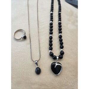 Sterling Silver 925 Lot Necklace Heart Onyx Ring